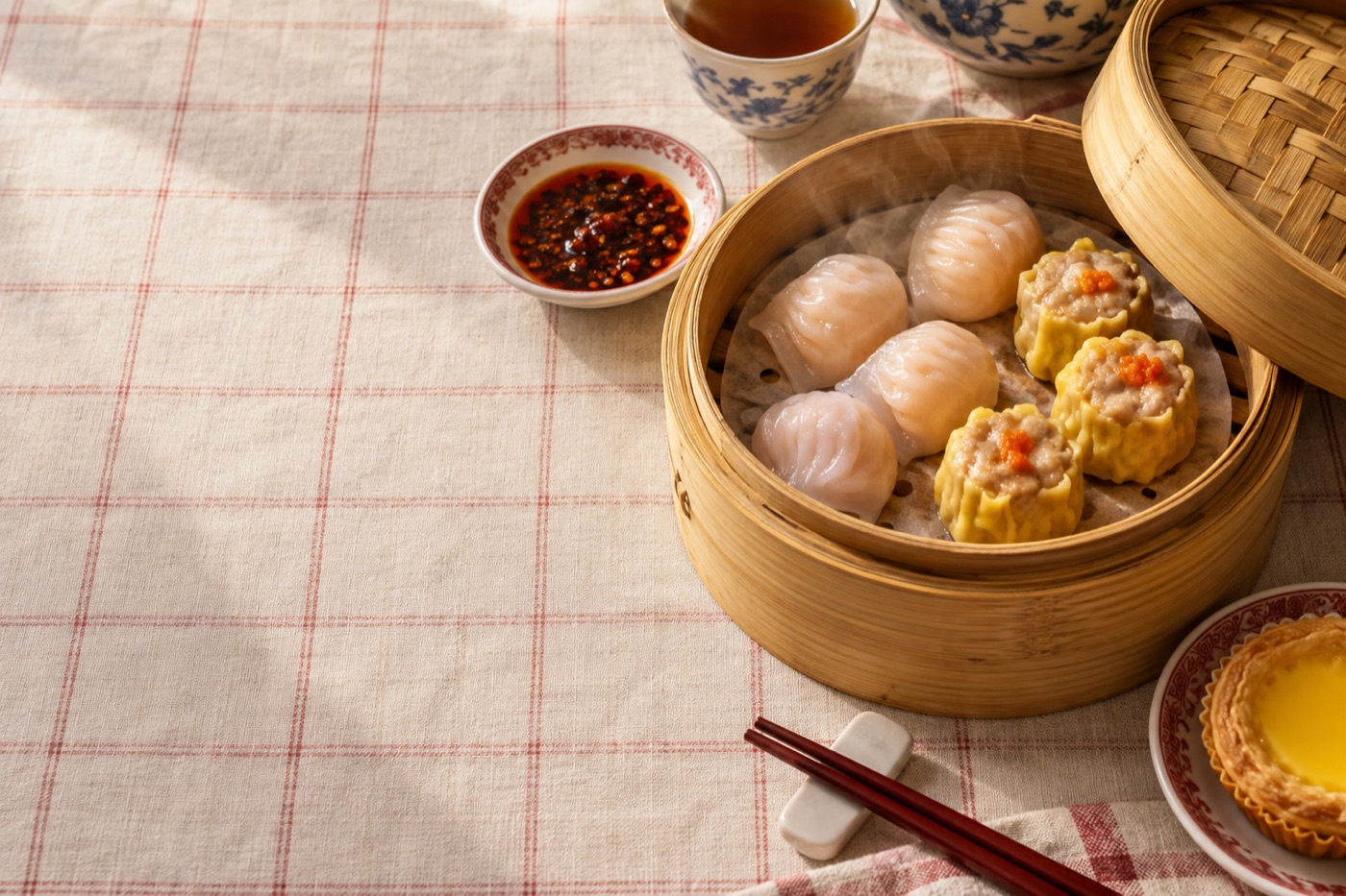 Illustration of har gow and siu mai in a steaming bamboo basket with tea and chili oil